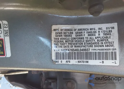 2006 Honda Civic Lx из США, поврежденный, VIN 1HGFA16546L049937